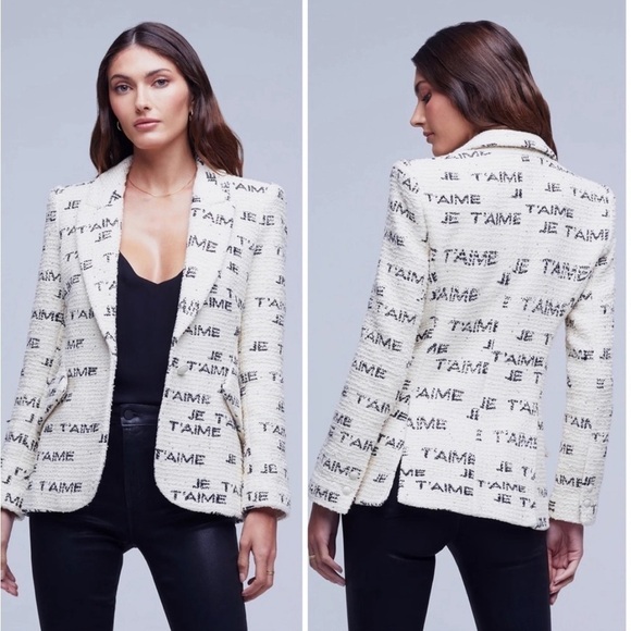 NWOT L’Agence Chamberlain blazer in ivory black Paris J’taime print - Picture 1 of 13